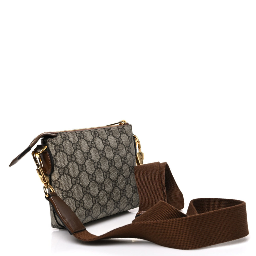 GG Supreme Monogram Azalea Calfskin Small Retro Interlocking G Wristlet Messenger Bag Beige Ebony Brown Sugar