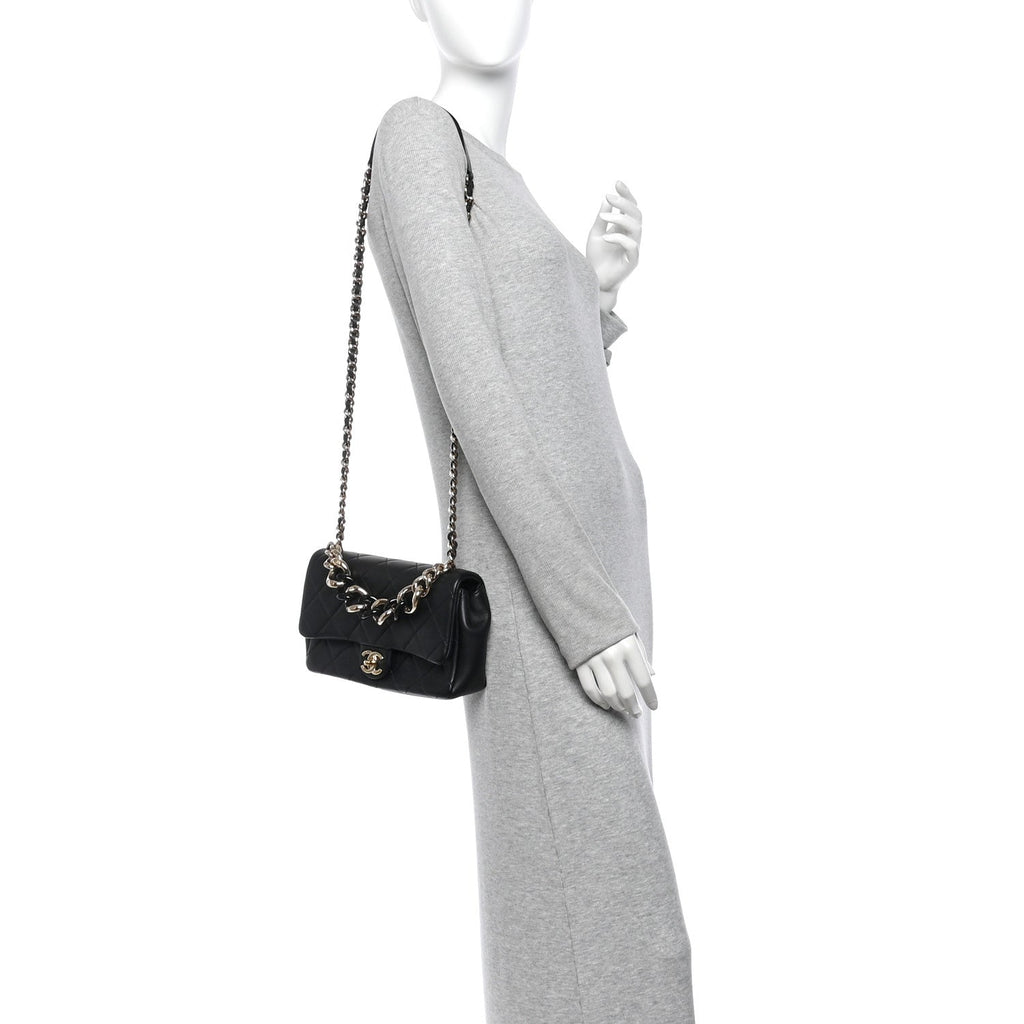Lambskin Quilted Resin Bi-Color Chain Flap Bag Black