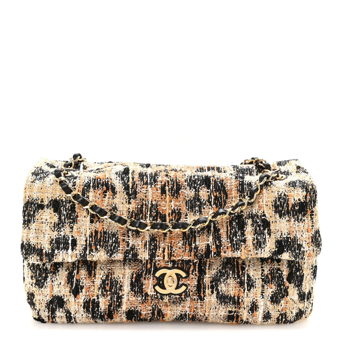 Tweed Mixed Fibers Leopard Print Small Souplissimo Maxi Flap Brown Black White