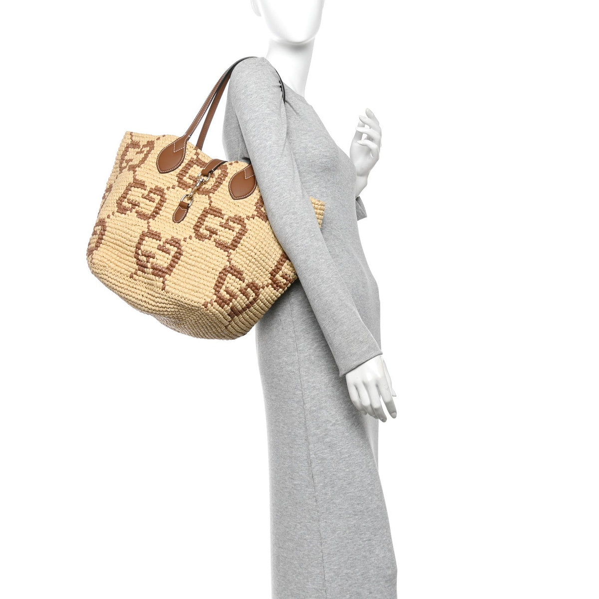 Raffia Woven Monogram Jumbo Medium Tote Natural Brown