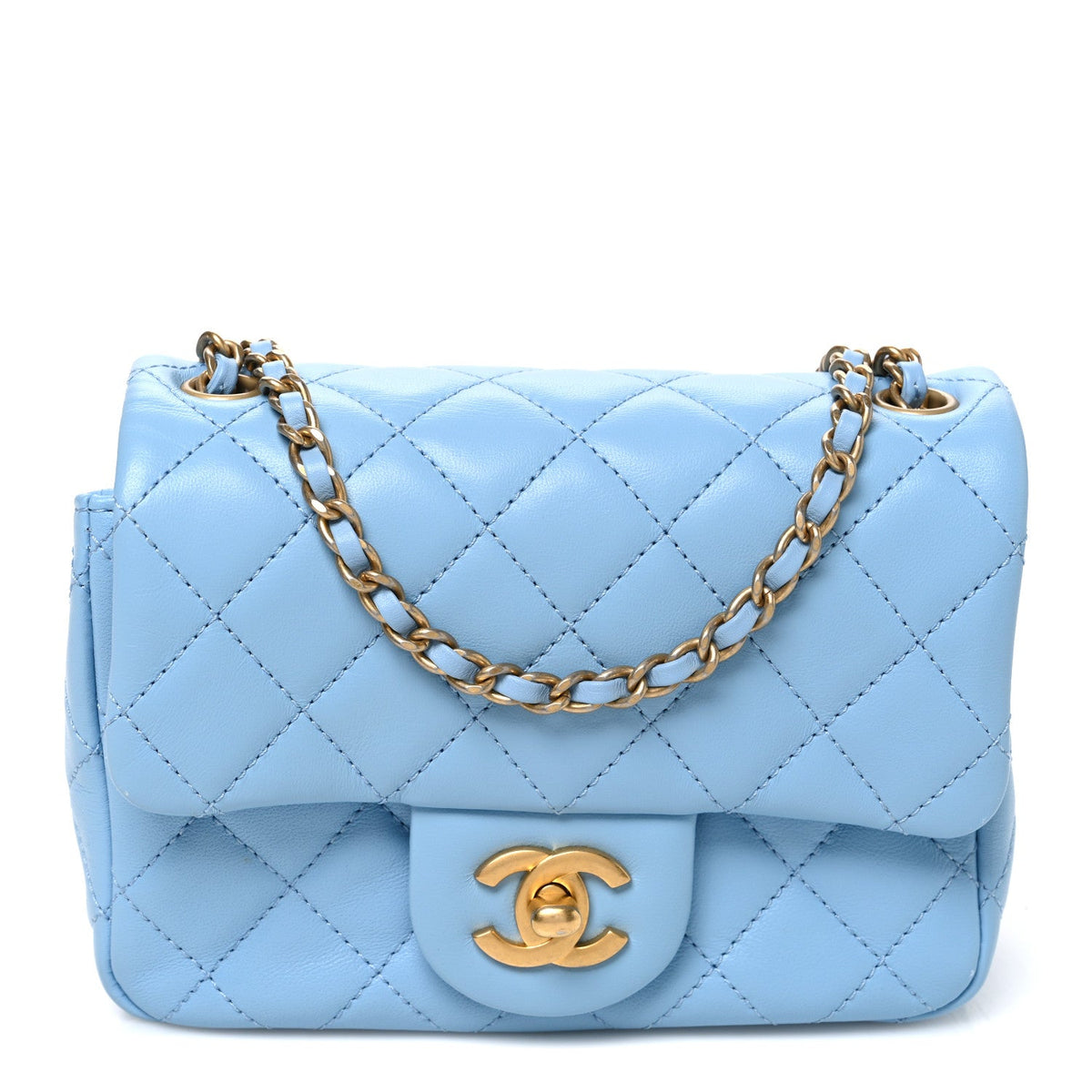 Lambskin Quilted Mini Pearl Crush Flap Light Blue