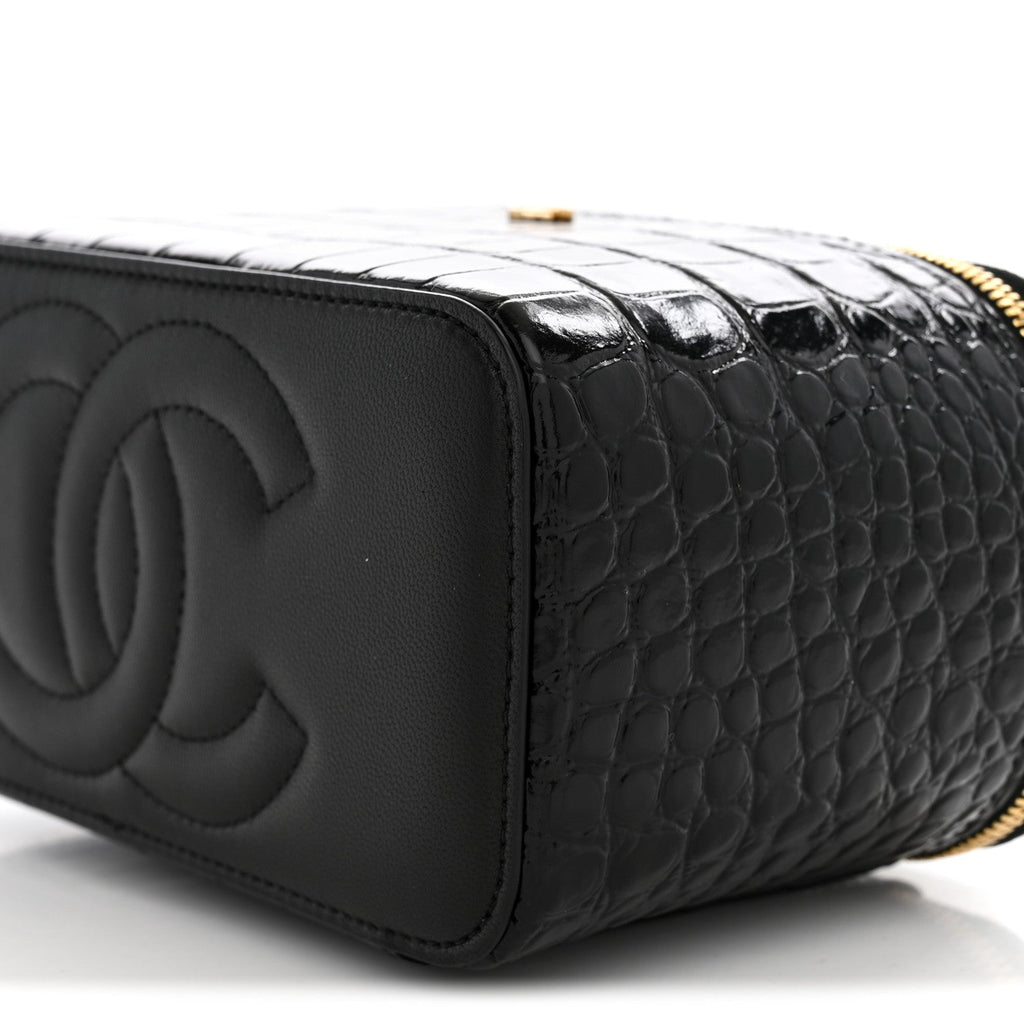 Calfskin Crocodile Embossed Crococo Small Top Handle Vanity Case With Chain Black