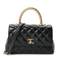 Shiny Calfskin Quilted Mini Coco Chain Gold Handle Flap Black