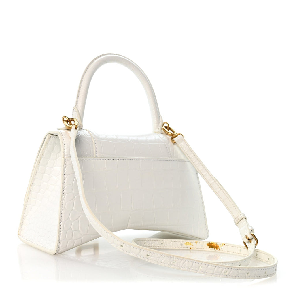Calfskin Crocodile Embossed Small Hourglass Top Handle Bag White
