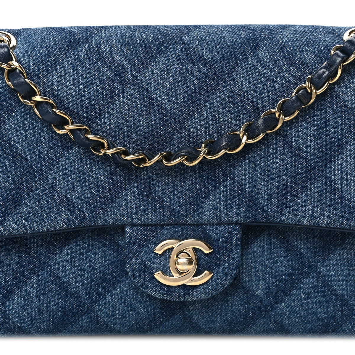Printed Denim Quilted Medium Double Flap Dark Blue