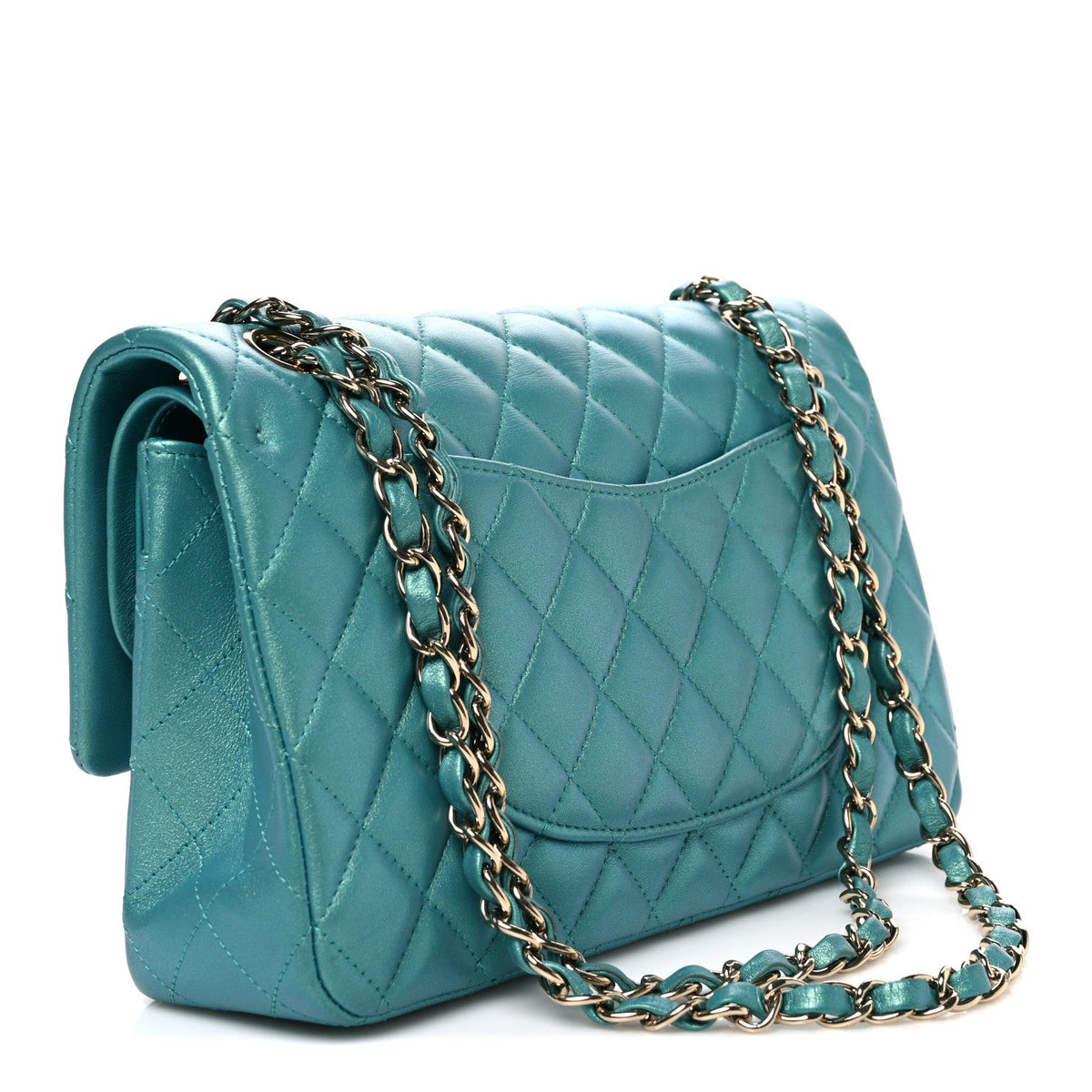 Iridescent Lambskin Quilted Medium Double Flap Green