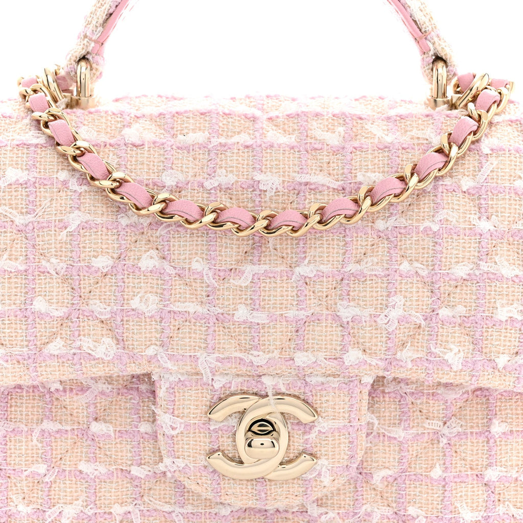 Tweed Quilted Mini Top Handle Rectangular Flap Light Pink