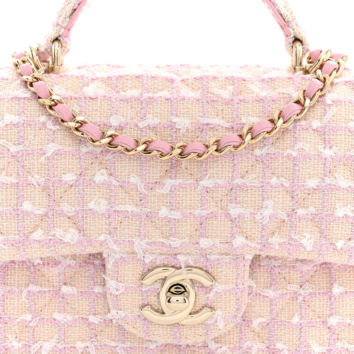 Tweed Quilted Mini Top Handle Rectangular Flap Light Pink