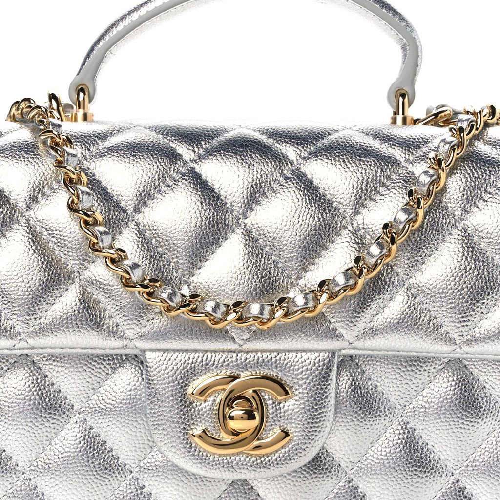 Metallic Caviar Quilted Top Handle East West Flap Silver