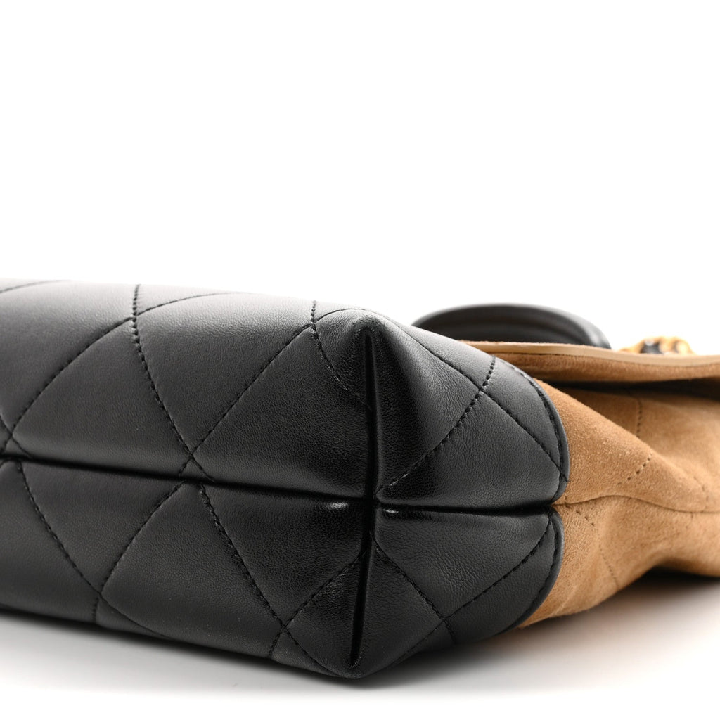 Suede Calfskin Shiny Lambskin Quilted Coco Base Flap Top Handle Bag Beige Black
