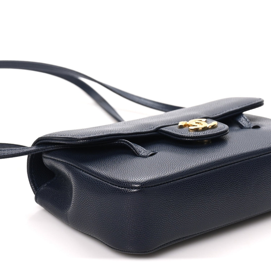 Shiny Caviar Mini Preppy Coco Shoulder Bag Dark Blue