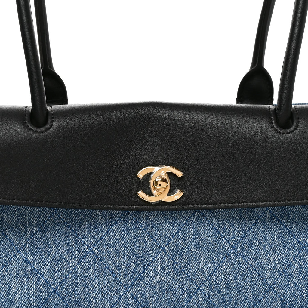 Calfskin Denim Stitched Urban Essentials Small Shopping Bag Blue Black