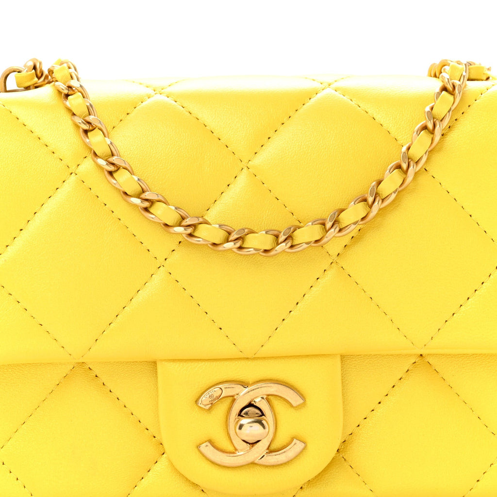 Pearly Lambskin Pearl Quilted Mini Flap Yellow
