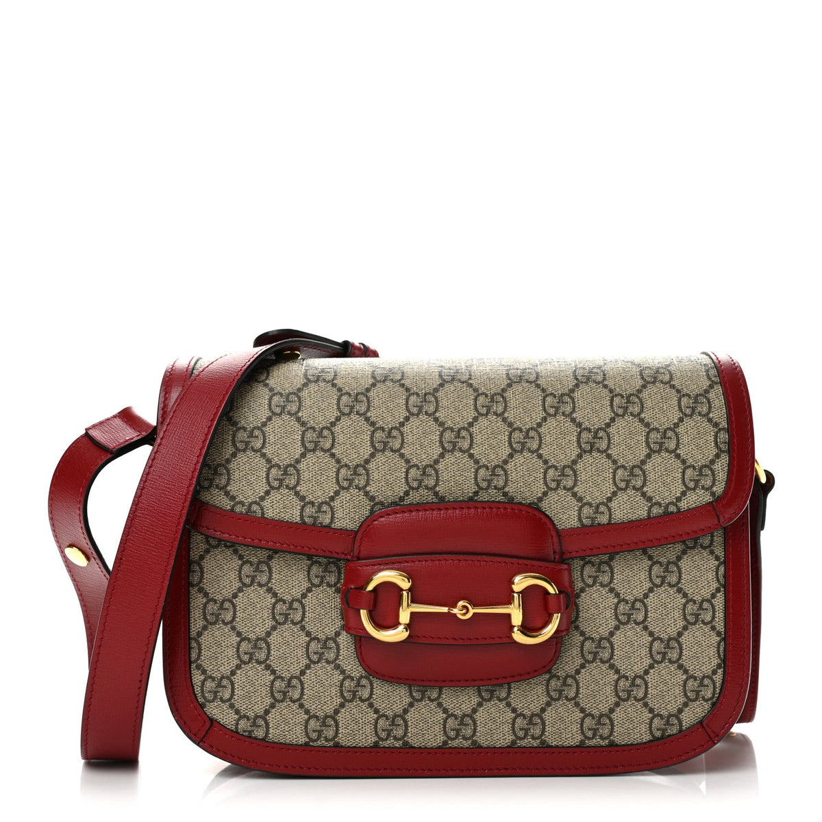 GG Supreme Monogram Azalea Calfskin Horsebit 1955 Shoulder Bag Beige Ebony New Cherry Red