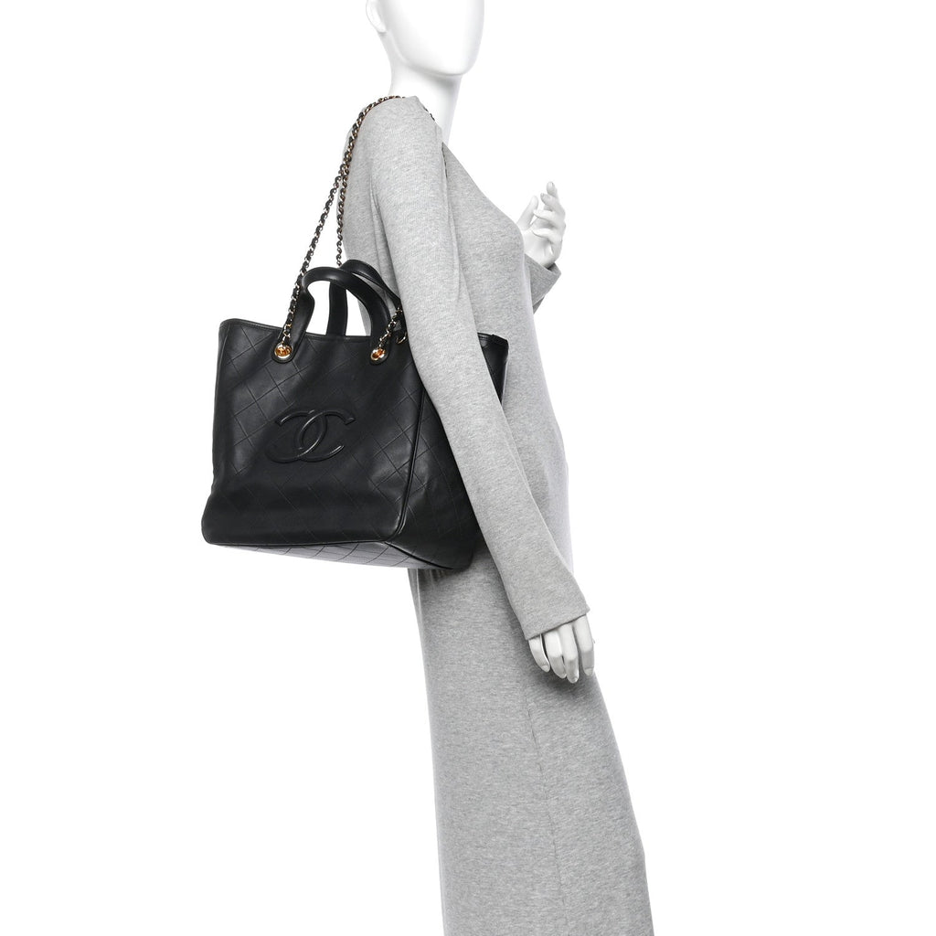Calfskin Quilted Large CC Shopping Bag Black
