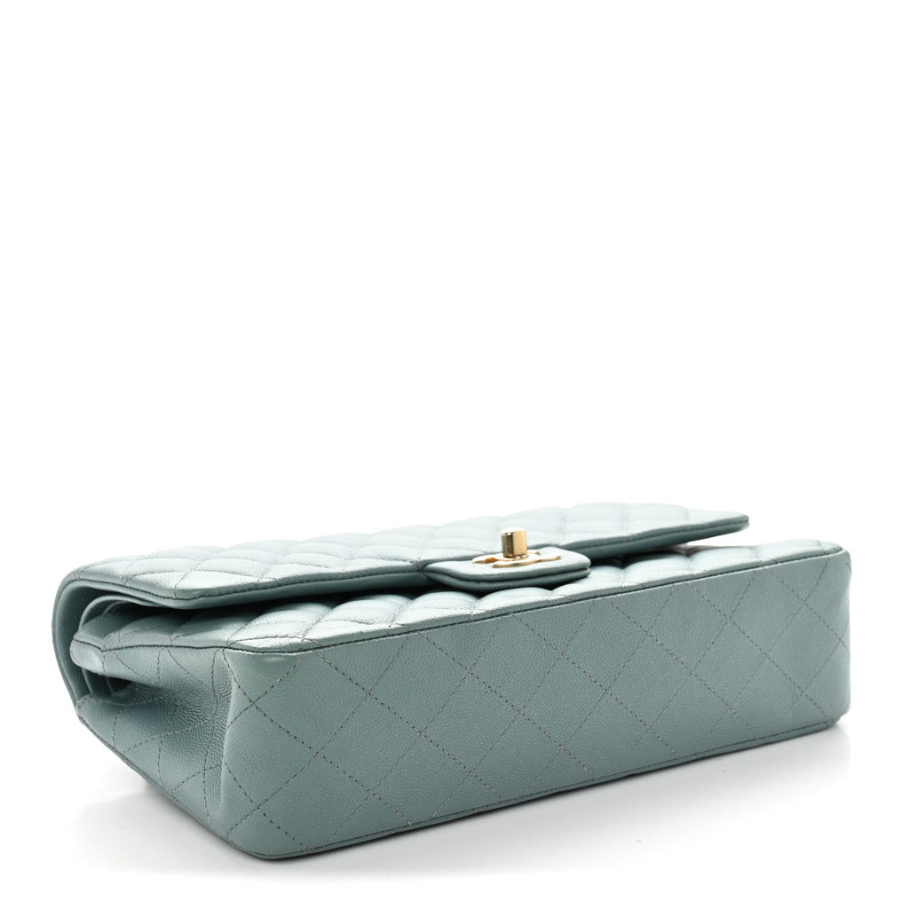 Iridescent Caviar Quilted Medium Double Flap Light Blue