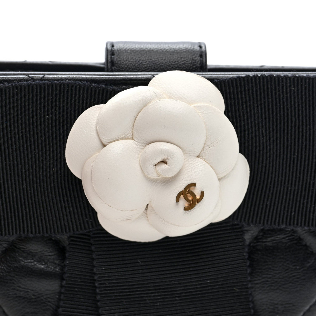 Lambskin Quilted Round Camellia Mini Clutch Black