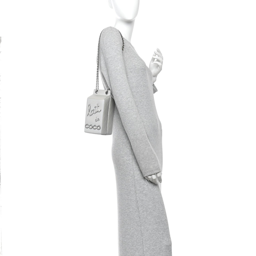 Metallic Goatskin Lait de Coco Milk Carton Bag Silver