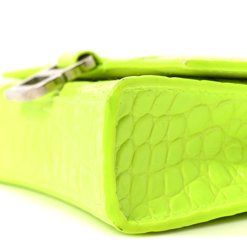 Shiny Calfskin Crocodile Embossed Hourglass Chain Bag Fluo Yellow