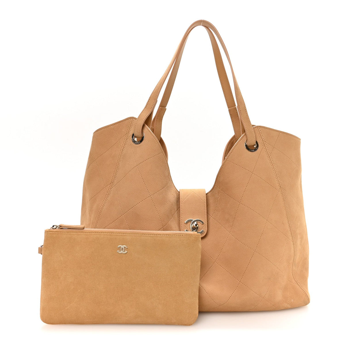 Nubuck Caviar Quilted Maxi Shopping Bag Beige