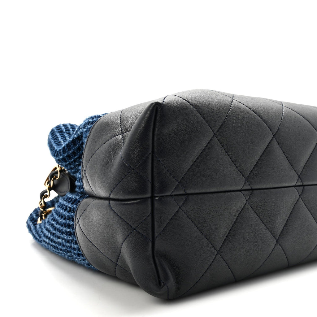 Tweed Shiny Lambskin Quilted Coco Base Small Shopping Bag Dark Blue