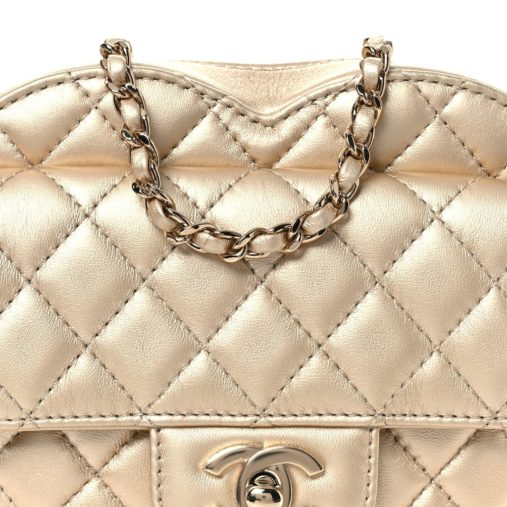 Metallic Lambskin Quilted CC In Love Heart Bag Gold