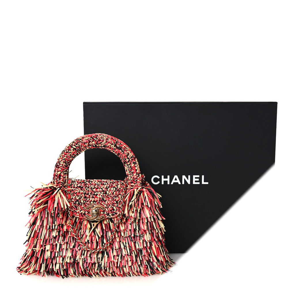 Raffia Fringe Nano Kelly Shopper Red Beige Black
