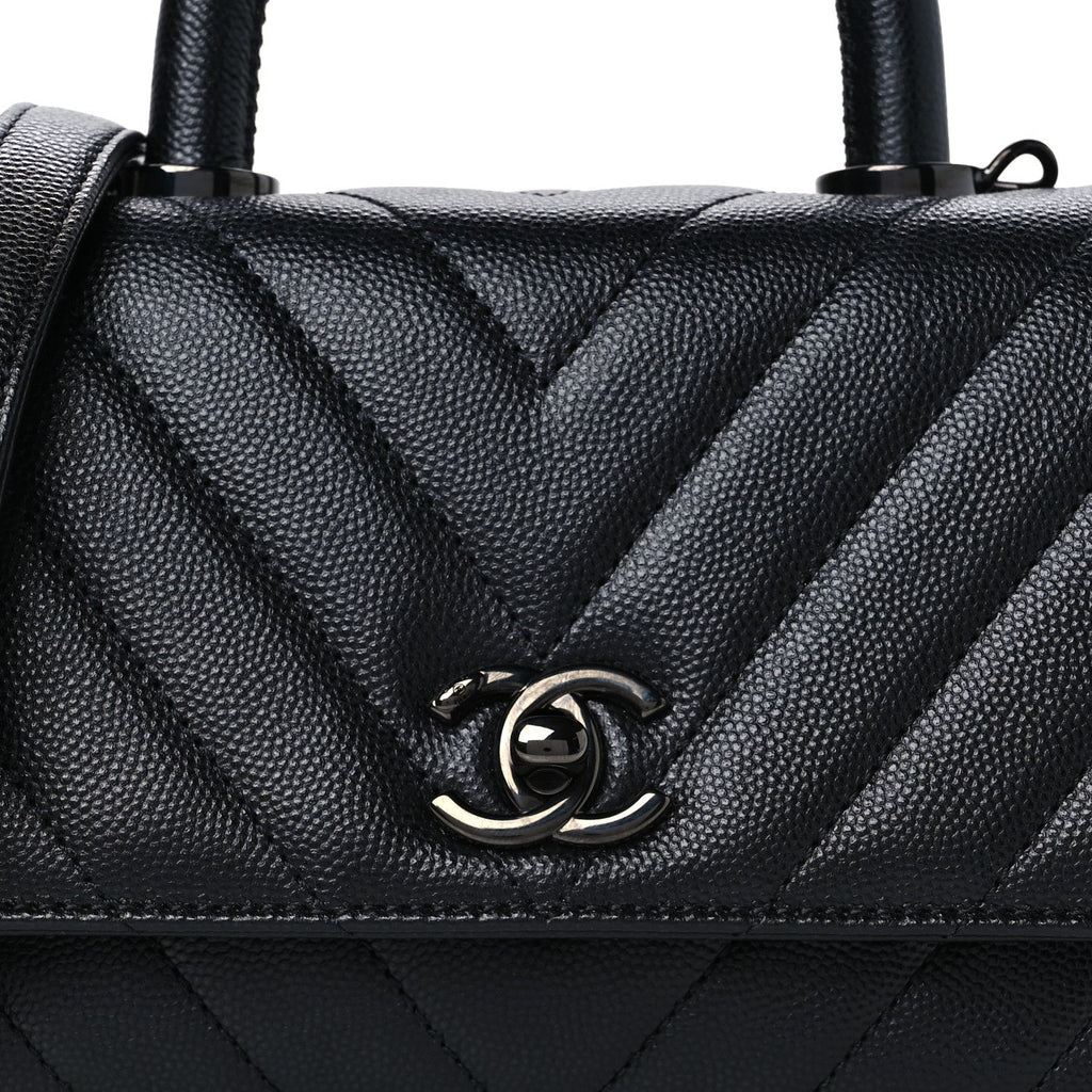 Caviar Chevron Quilted Extra Mini Coco Handle Flap So Black