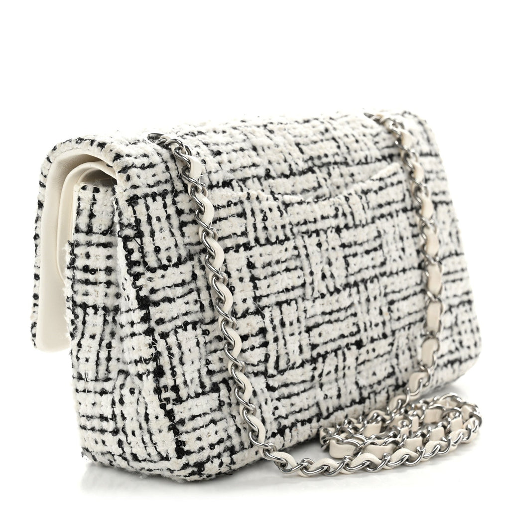 Tweed Sequin Quilted Medium Double Flap White Black
