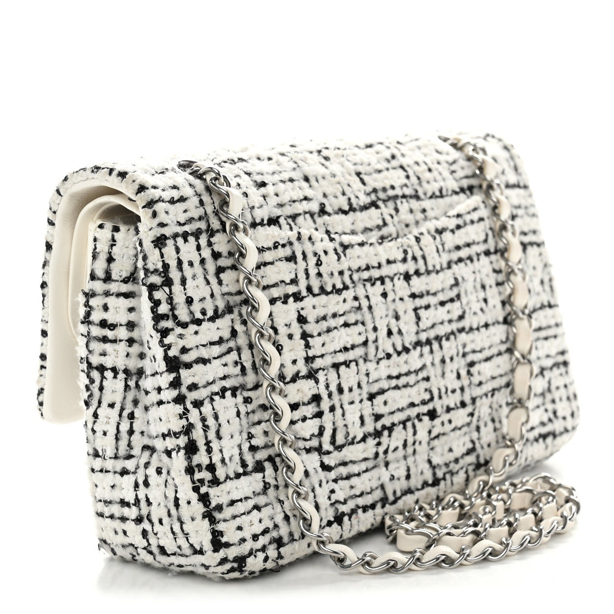 Tweed Sequin Quilted Medium Double Flap White Black