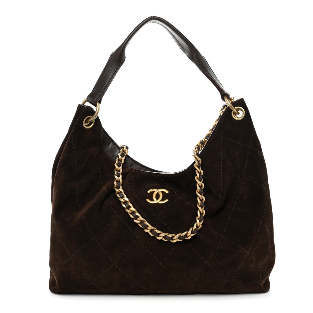 Suede Calfskin Lambskin Quilted Large Maxi Hobo Dark Brown