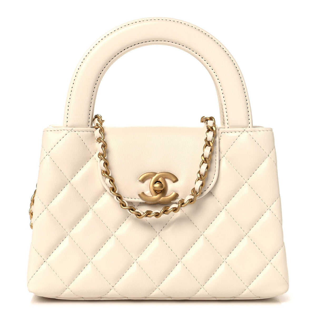 Shiny Aged Calfskin Quilted Nano Kelly Shopper White