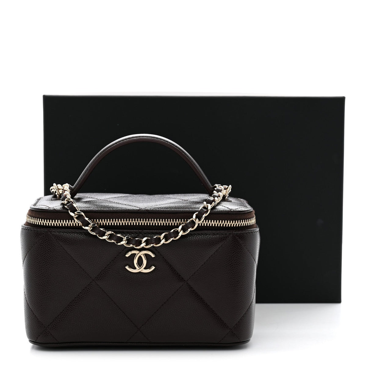 Caviar Quilted Top Handle Long Vanity Dark Brown