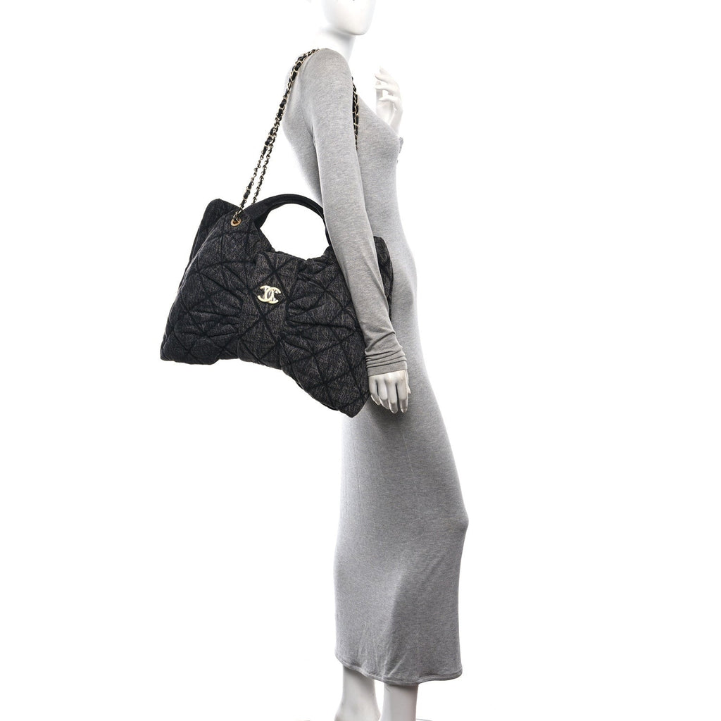 Washed Denim Quilted Maxi Bow Bag Black