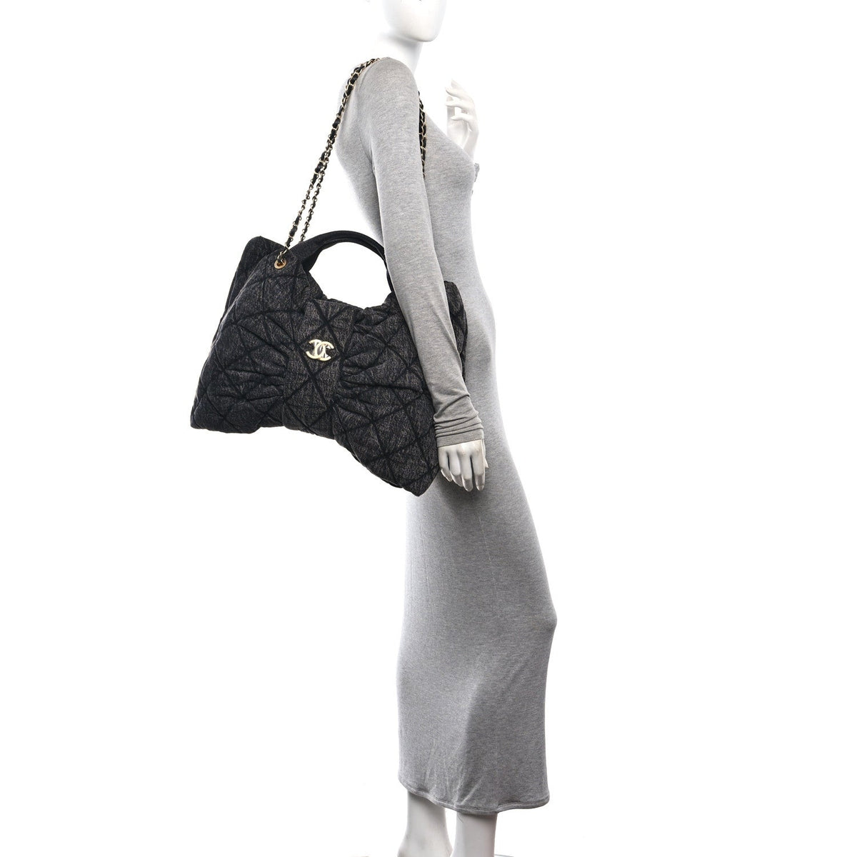 Washed Denim Quilted Maxi Bow Bag Black
