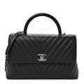 Caviar Chevron Quilted Medium Coco Handle Flap Black