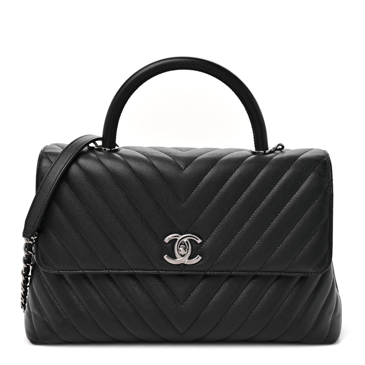 Caviar Chevron Quilted Medium Coco Handle Flap Black