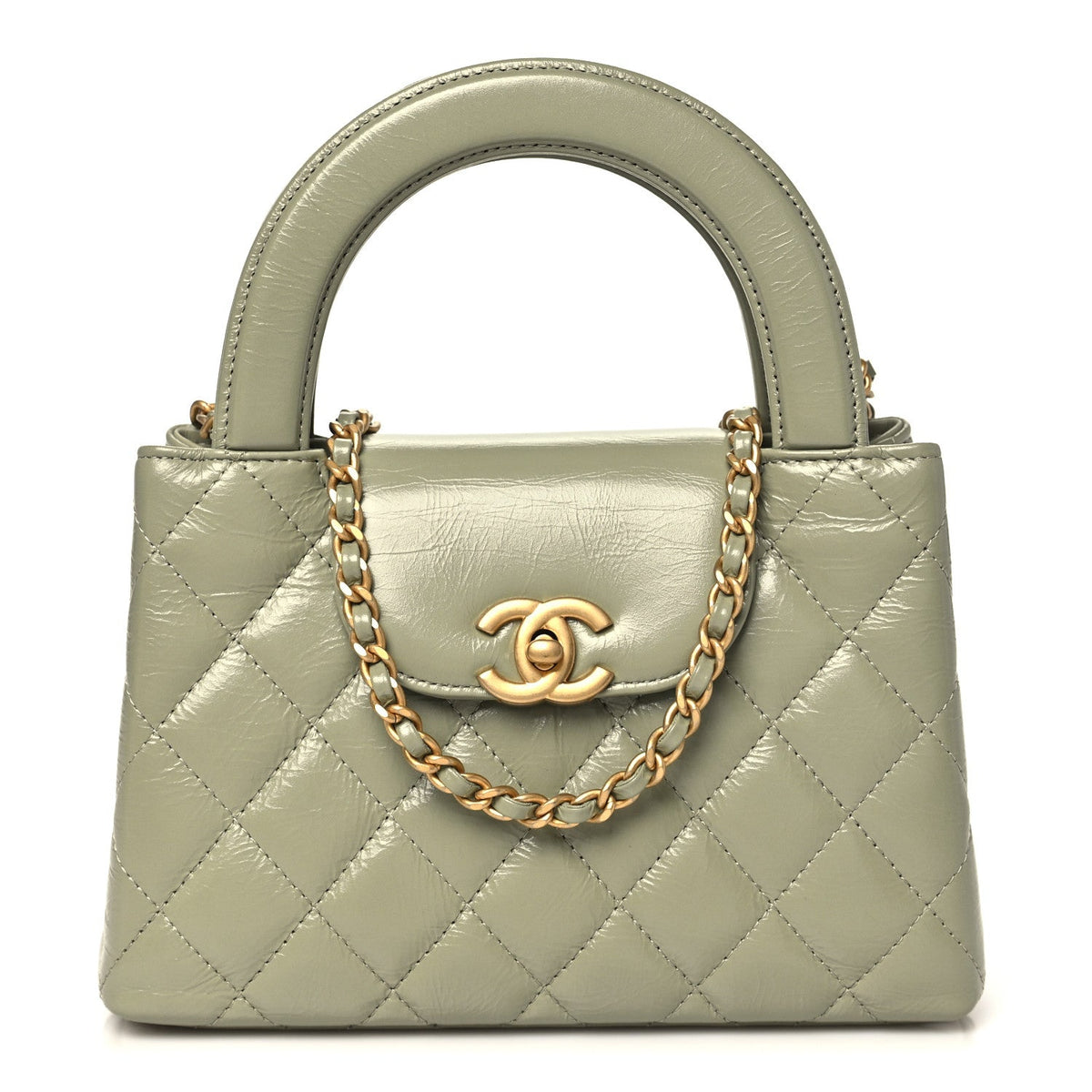 Shiny Aged Calfskin Quilted Nano Kelly Shopper Khaki