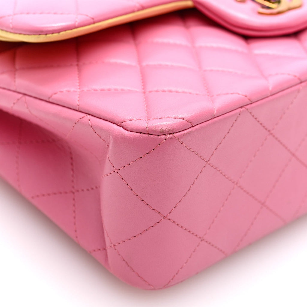 Lambskin Quilted Small Double Flap Pink Yellow