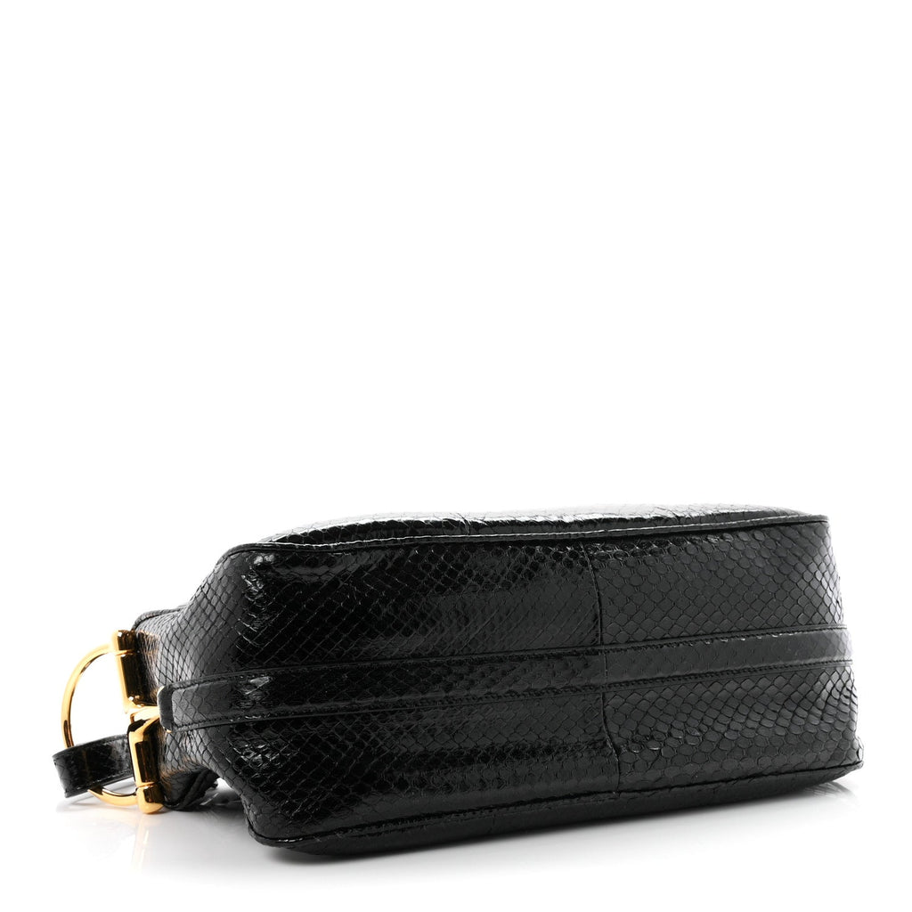 Snakeskin Half Horsebit Medium Shoulder Bag Black
