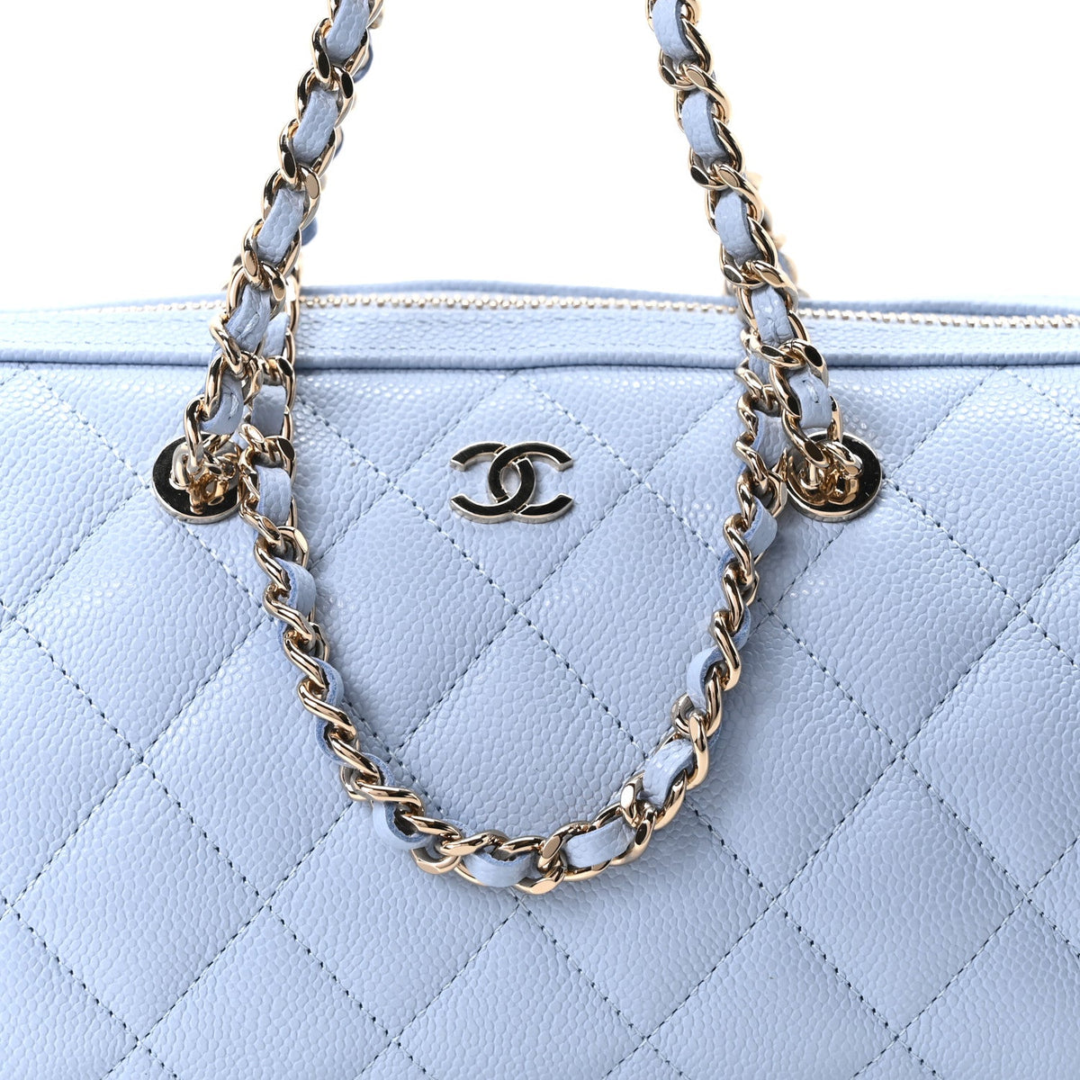 Caviar Quilted Barrel Clutch With Chain Light Blue
