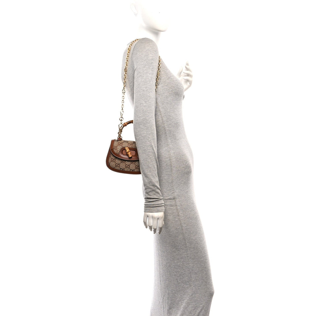 New Canvas Charisma Calfskin Crystal GG Monogram Small Bamboo 1947 Top Handle Bag Camel Ebony