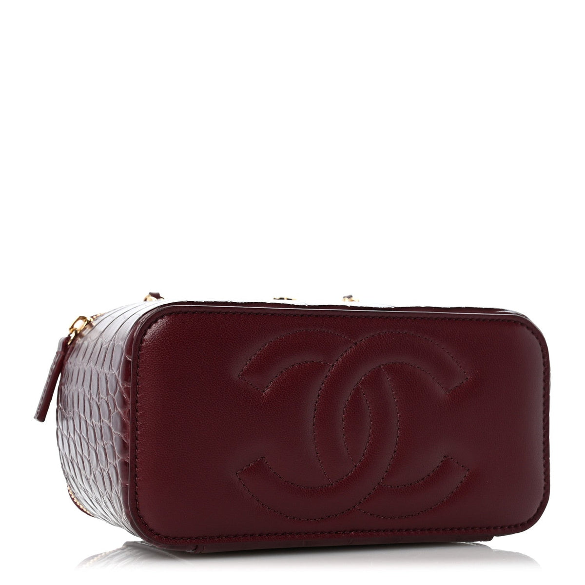 Calfskin Crocodile Embossed Crococo Small Top Handle Vanity Case With Chain Dark Burgundy