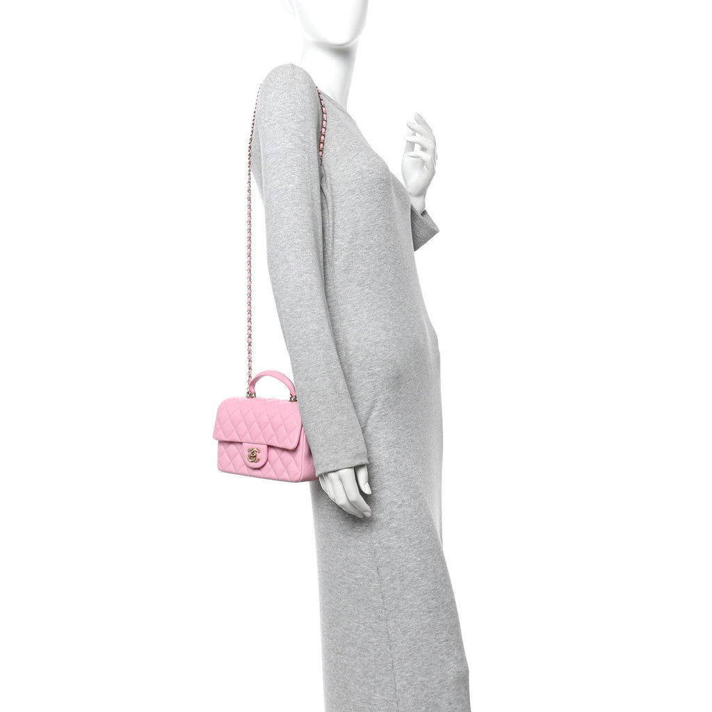 Lambskin Quilted Mini Top Handle Rectangular Flap Pink