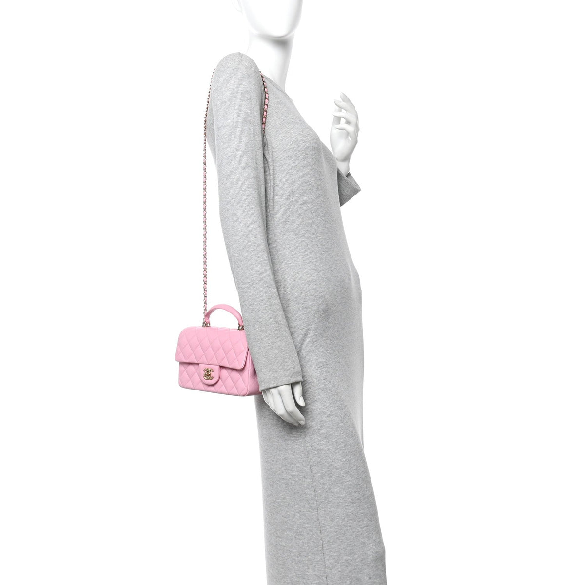 Lambskin Quilted Mini Top Handle Rectangular Flap Pink