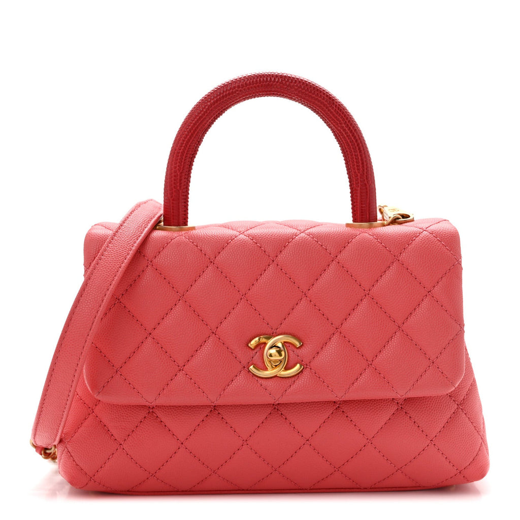 Caviar Lizard Embossed Quilted Mini Coco Handle Flap Pink