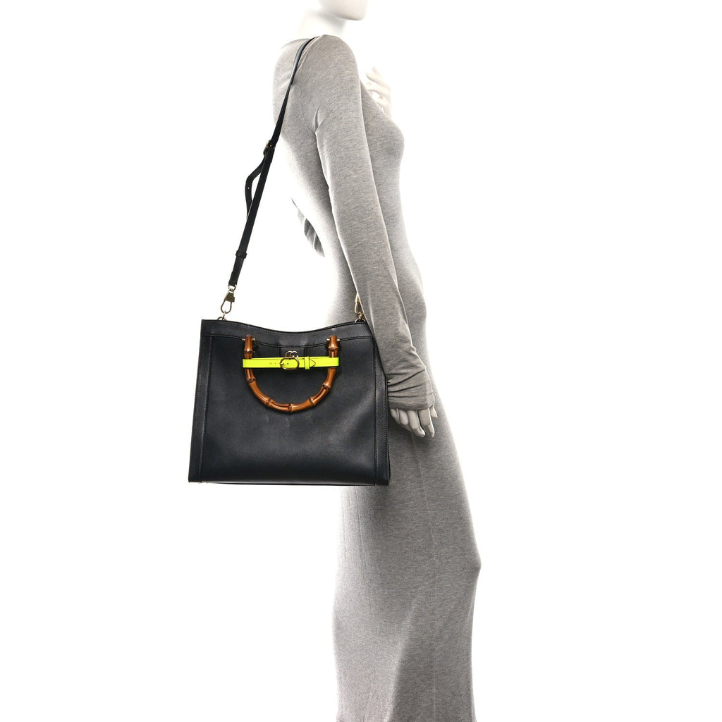 Calfskin Medium Diana Tote Bag Black Yellow Fluo