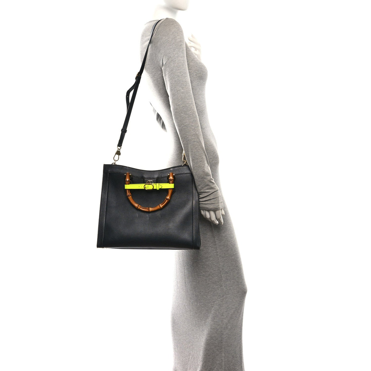 Calfskin Medium Diana Tote Bag Black Yellow Fluo