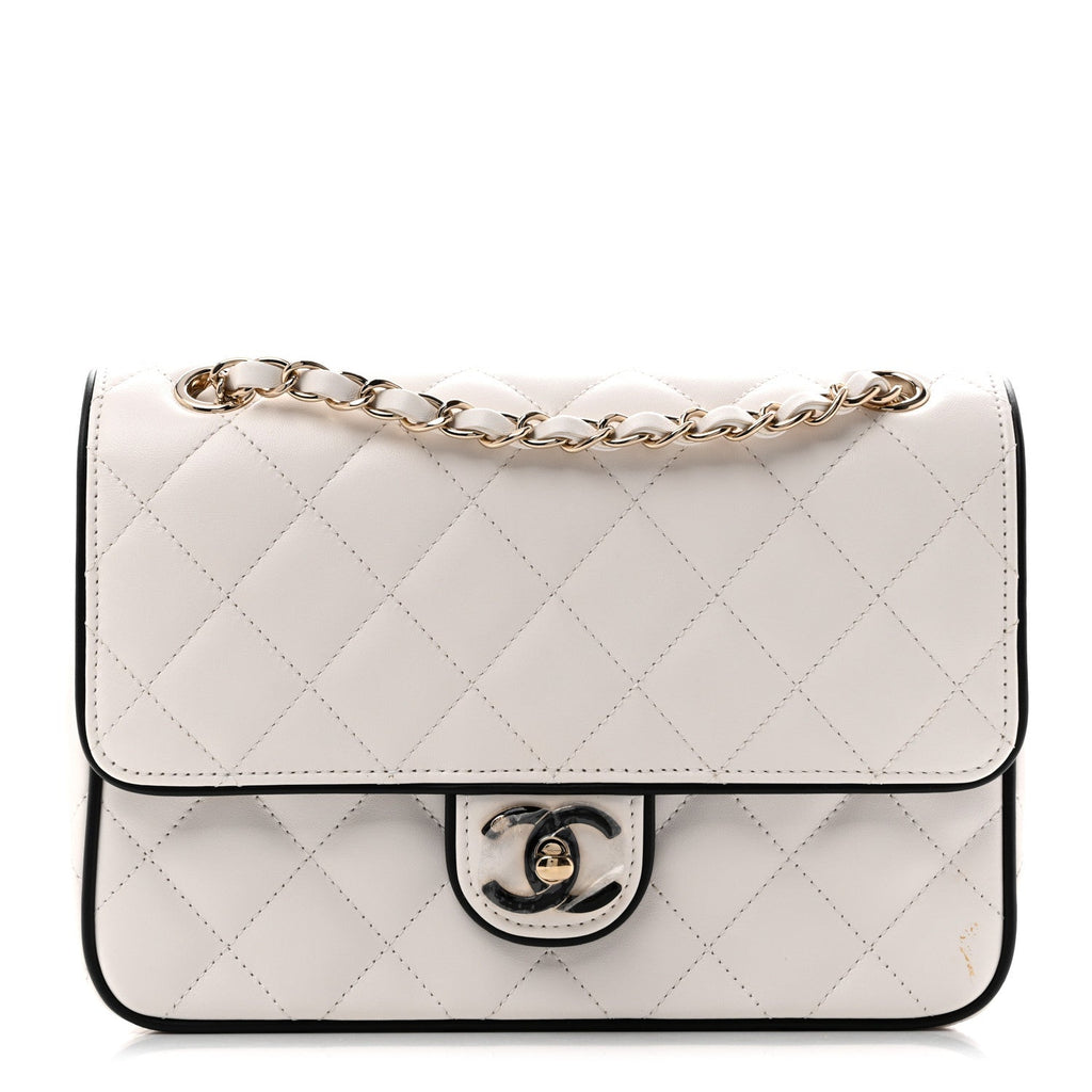 Lambskin Quilted Resin Graphic Frame Flap Bag White Black