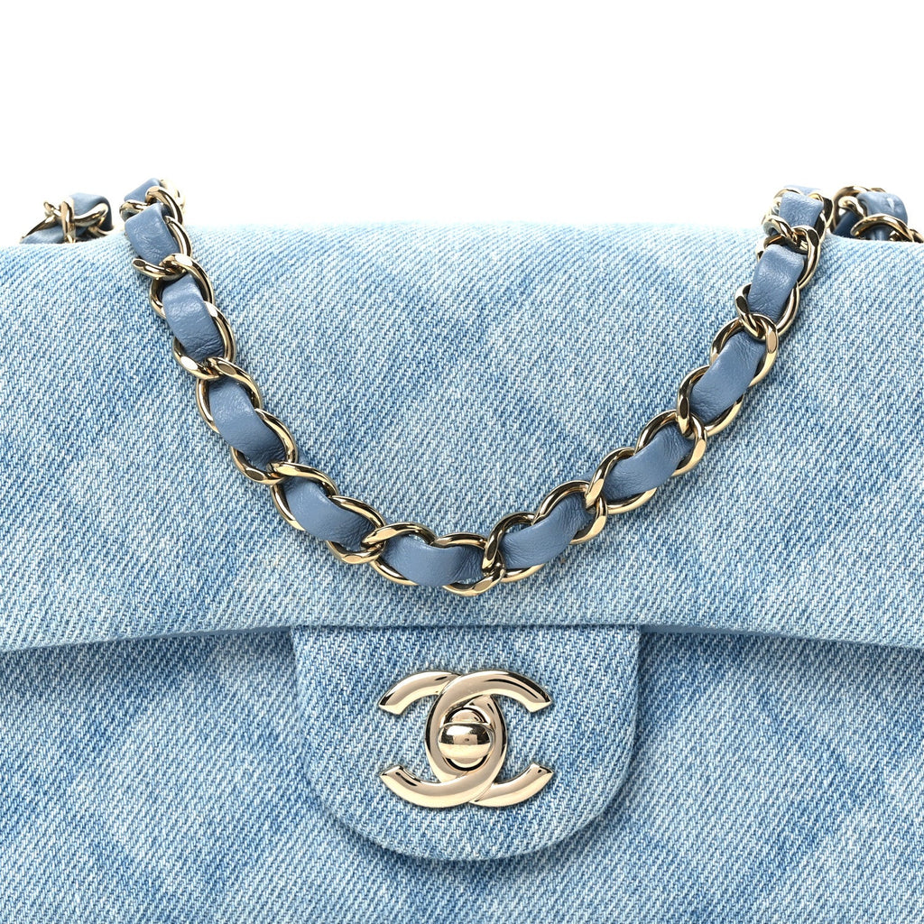 Printed Denim Quilted Mini Rectangular Flap Light Blue